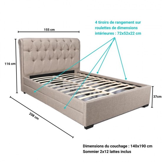 Weber Industries Lit CHELSEA 140x190 + 4 Tiroirs + Sommier / Beige