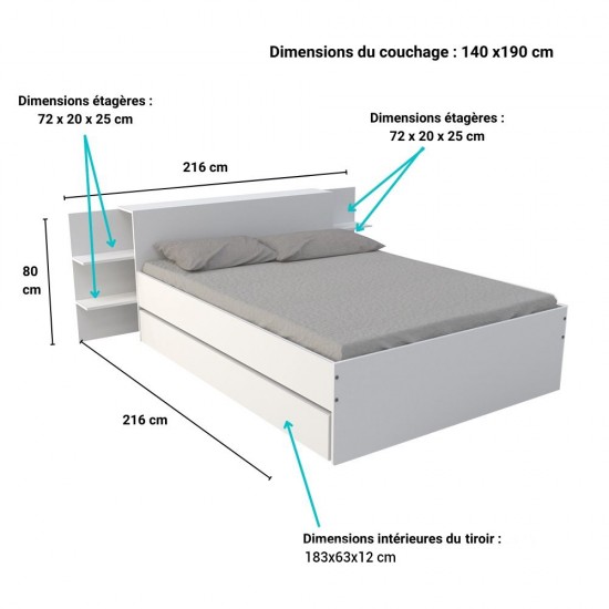 Weber Industries Lit CITY 140x190 + Tête De Lit Chevet + 1 Tiroir / Blanc
