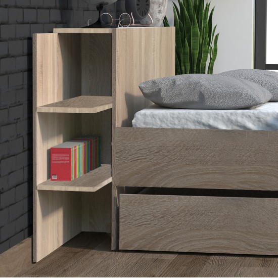 Weber Industries Lit CITY 140x190 + Tête De Lit Chevet + 1 Tiroir /Décor Chêne Blanchi