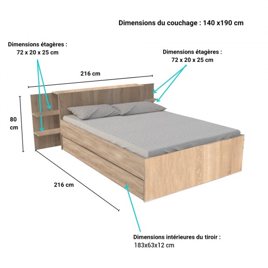 Weber Industries Lit CITY 140x190 + Tête De Lit Chevet + 1 Tiroir /Décor Chêne Blanchi