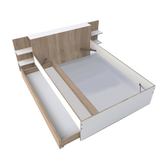 Weber Industries Lit CITY 140x190 + Tête De Lit Chevet + 1 Tiroir / Décor Blanc & Chêne Blanchi