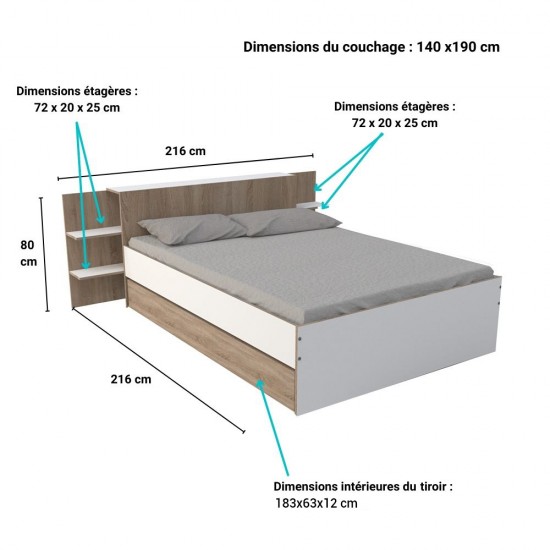 Weber Industries Lit CITY 140x190 + Tête De Lit Chevet + 1 Tiroir / Décor Blanc & Chêne Blanchi