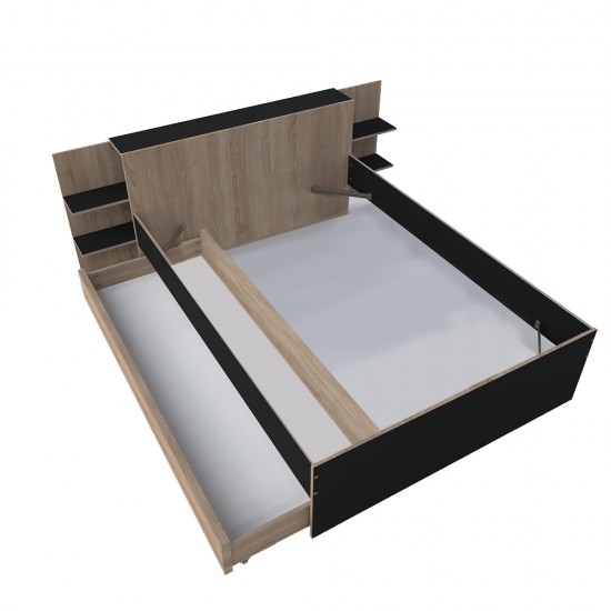 Weber Industries Lit CITY 140x190 + Tête De Lit Chevet+ 1 Tiroir / Décor Noir & Chêne Blanchi