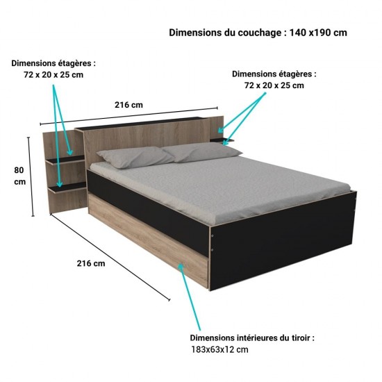 Weber Industries Lit CITY 140x190 + Tête De Lit Chevet+ 1 Tiroir / Décor Noir & Chêne Blanchi