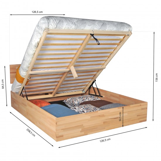 Weber Industries Lit Coffre 120x200cm MILO Avec Tête De Lit + Sommier/ Hêtre Massif Huilé