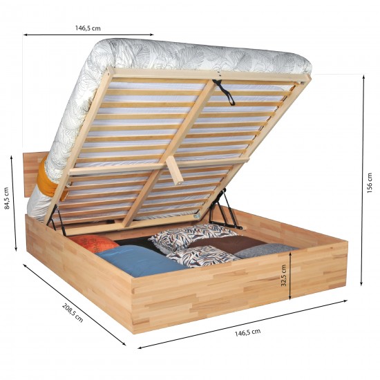 Weber Industries Lit Coffre 140x200cm MILO Avec Tête De Lit + Sommier/ Hêtre Massif Huilé