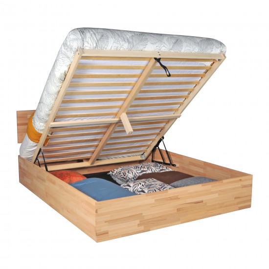 Weber Industries Lit Coffre 160x200cm MILO Avec Tête De Lit + Sommier/ Hêtre Massif Huilé