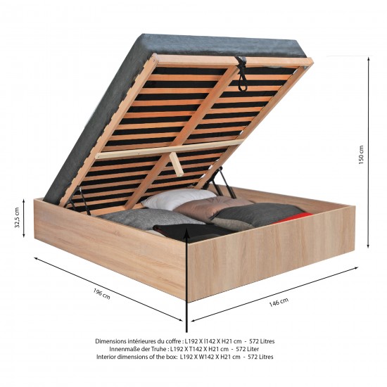 Weber Industries Lit Coffre BILBAO 140x190 Cm + Sommier / Décor Chêne Blanchi