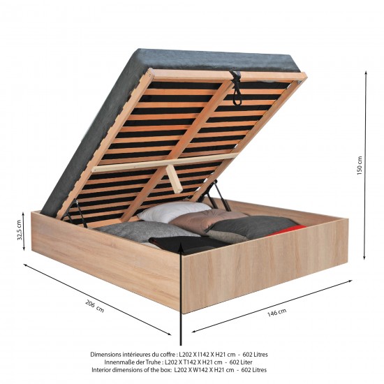 Weber Industries Lit Coffre BILBAO 140x200 Cm + Sommier / Décor Chêne Blanchi