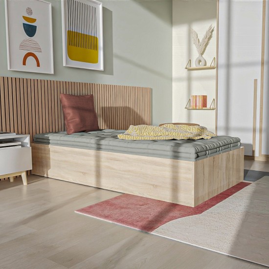 Weber Industries Lit Coffre BILBAO 90x200 Cm + Sommier / Décor Chêne Blanchi