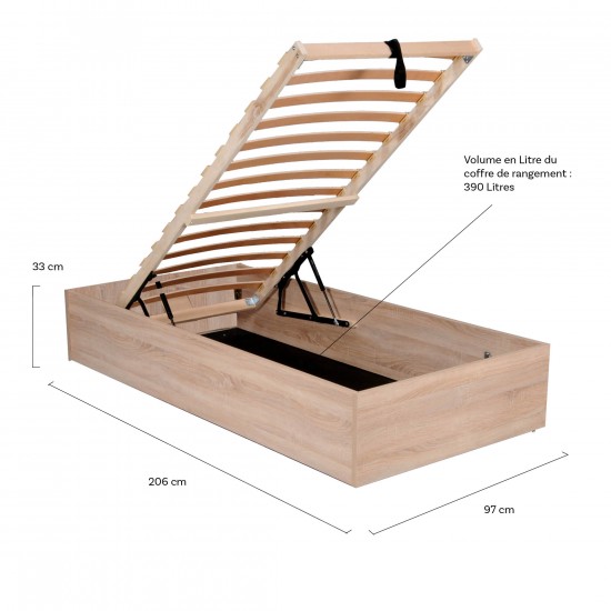 Weber Industries Lit Coffre BILBAO 90x200 Cm + Sommier / Décor Chêne Blanchi