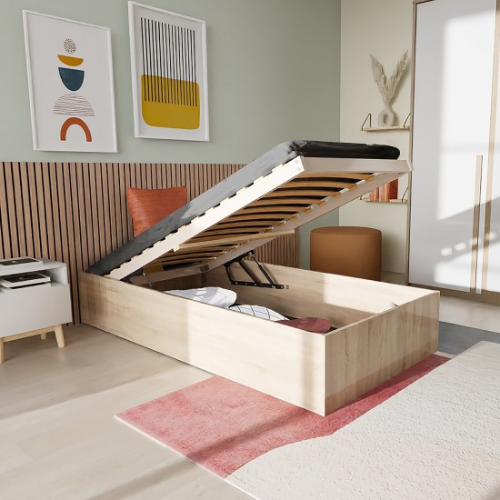 weber industries Lit coffre BILBAO 90x200 cm + sommier / Décor chêne blanchi