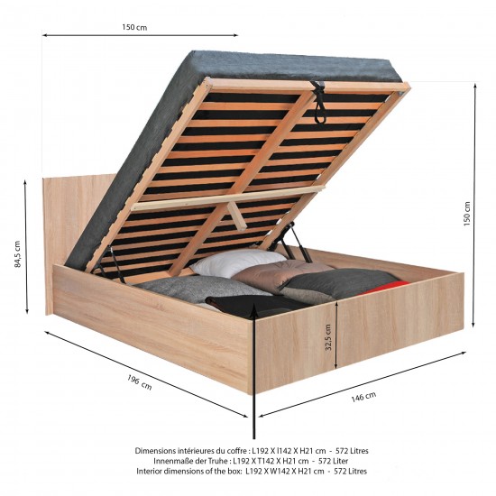 Weber Industries Lit Coffre MADRID 140x190 + 1 Sommier / Décor Chêne Blanchi