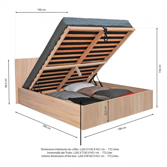Weber Industries Lit Coffre MADRID 180x200 + 1 Sommier / Décor Chêne Blanchi