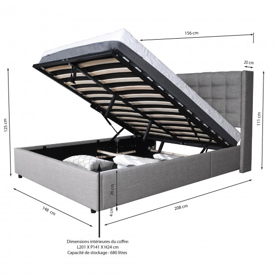 Weber Industries Lit Coffre WEMBLEY 140x190 + 1 Sommier / Gris Clair