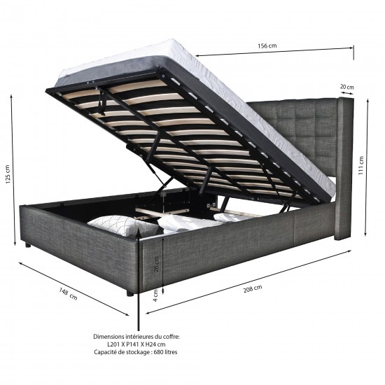 Weber Industries Lit Coffre WEMBLEY 140x190 + 1 Sommier / Gris Foncé