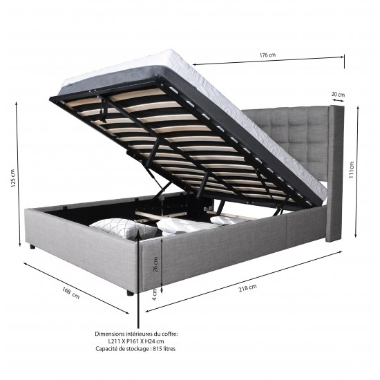 Weber Industries Lit Coffre WEMBLEY 160x200 + 1 Sommier / Gris Clair