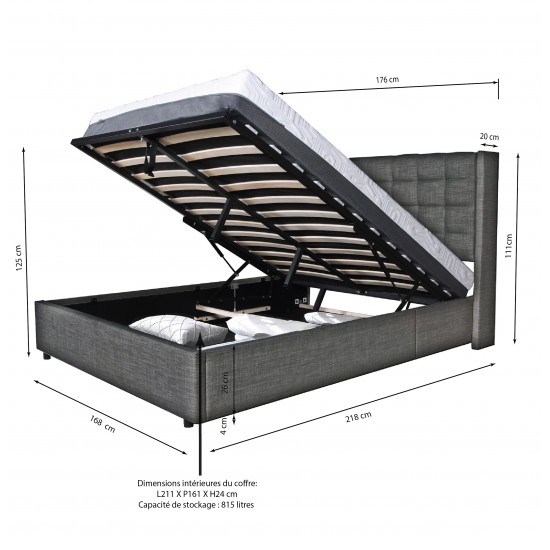 Weber Industries Lit Coffre WEMBLEY 160x200 + 1 Sommier / Gris Foncé