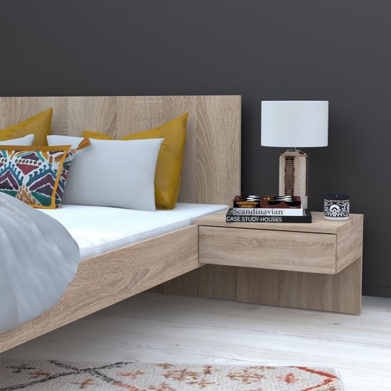 Weber Industries Lit COOL 140x190 Cm + 2 Chevets + Sommier / Décor Chêne Blanchi