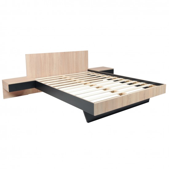 Weber Industries Lit COOL 140x190 Cm + 2 Chevets + Sommier / Décor Chêne Blanchi & Noir