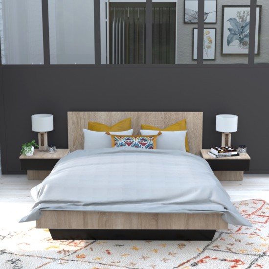 Weber Industries Lit COOL 140x190 Cm + 2 Chevets + Sommier / Décor Chêne Blanchi & Noir