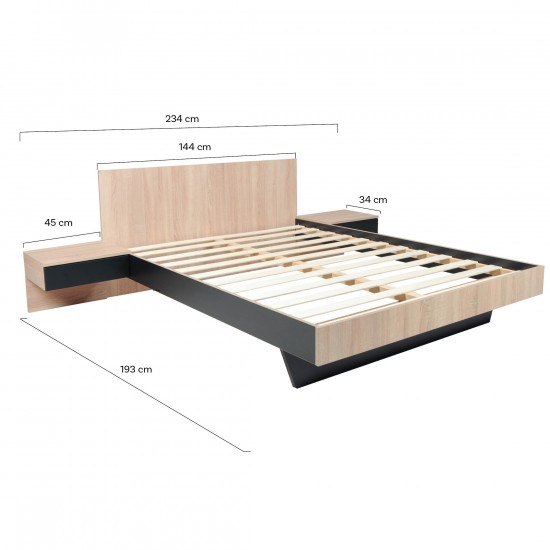 Weber Industries Lit COOL 140x190 Cm + 2 Chevets + Sommier / Décor Chêne Blanchi & Noir