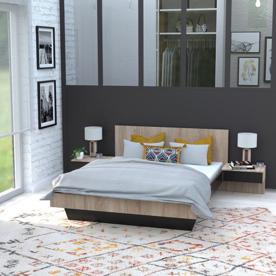 weber industries Lit COOL 140x190 cm + 2 chevets + sommier / Décor Chêne blanchi & noir