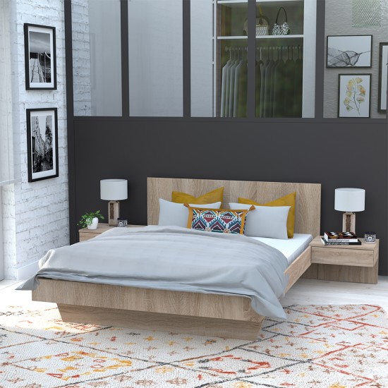 weber industries Lit COOL 140x190 cm + 2 chevets + sommier / Décor Chêne blanchi