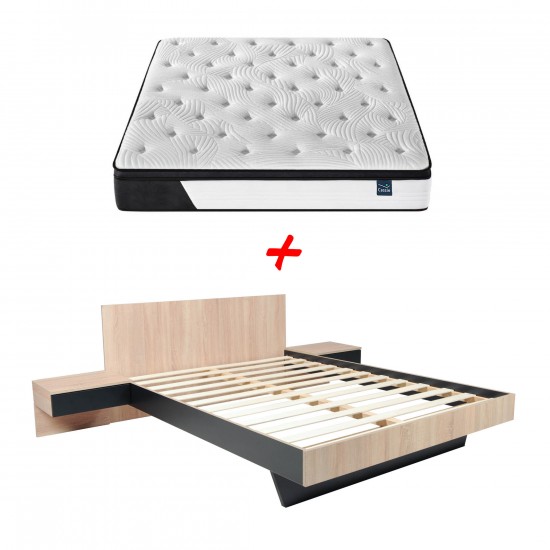 Weber Industries Lit COOL 140x190 Cm + 2 Chevets + Sommier + Matelas CASSIE / Décor Chêne Blanchi & Noir