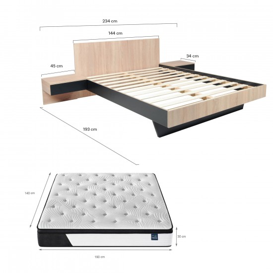 Weber Industries Lit COOL 140x190 Cm + 2 Chevets + Sommier + Matelas CASSIE / Décor Chêne Blanchi & Noir