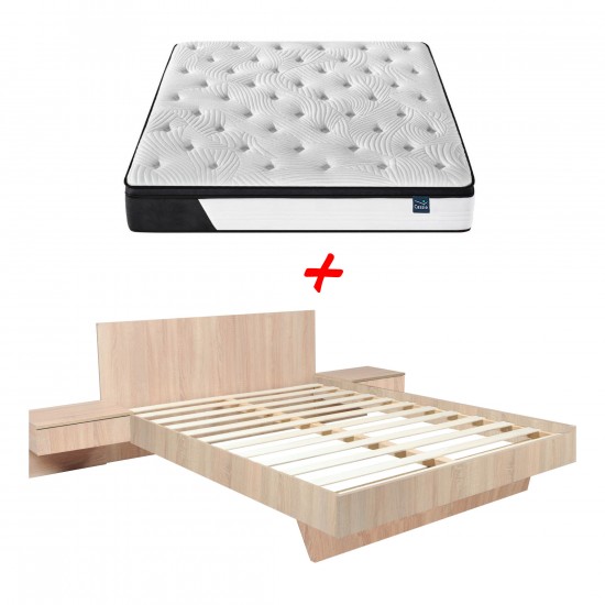 Weber Industries Lit COOL 140x190 Cm + 2 Chevets + Sommier + Matelas CASSIE / Décor Chêne Blanchi