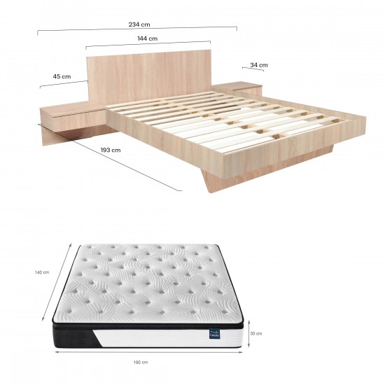 Weber Industries Lit COOL 140x190 Cm + 2 Chevets + Sommier + Matelas CASSIE / Décor Chêne Blanchi