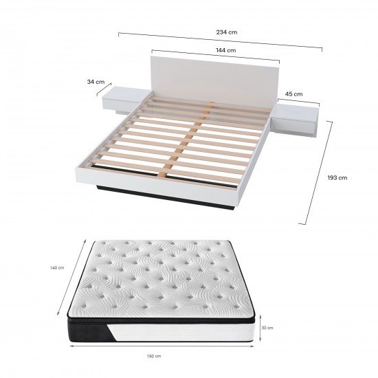 Weber Industries Lit COOL 140x190 Cm + 2 Chevets + Sommier + Matelas CASSIE / Blanc