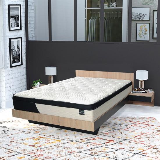 weber industries Lit COOL 140x190 cm + 2 chevets + sommier + matelas CASSIE / Décor Chêne blanchi & noir