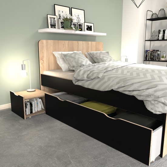 Weber Industries Lit Double ZENIA 140x190 + 2 Chevets + 2 Tiroirs / Décor Chêne Blanchi & Noir