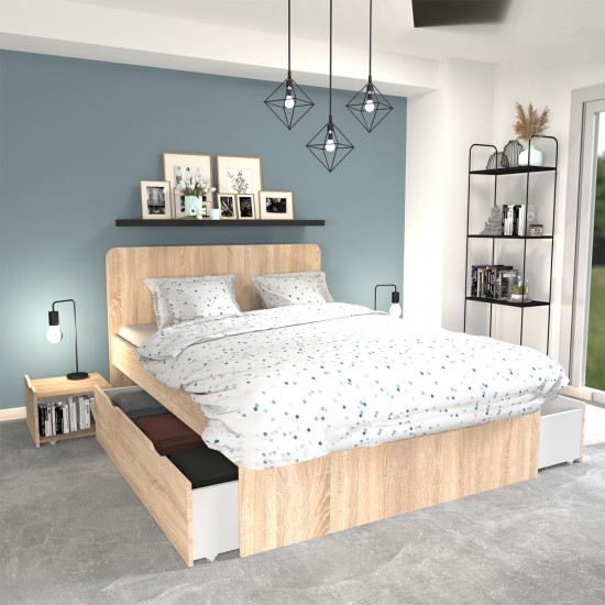 weber industries Lit double ZENIA 140x190 + 2 chevets + 2 tiroirs / Décor Chêne blanchi