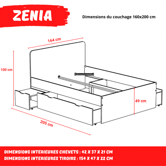 Weber Industries Lit Double ZENIA 160x200 + 2 Chevets + 2 Tiroirs / Décor Chêne Blanchi & Noir
