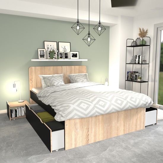 weber industries Lit double ZENIA 160x200 + 2 chevets + 2 tiroirs / Décor Chêne blanchi & noir