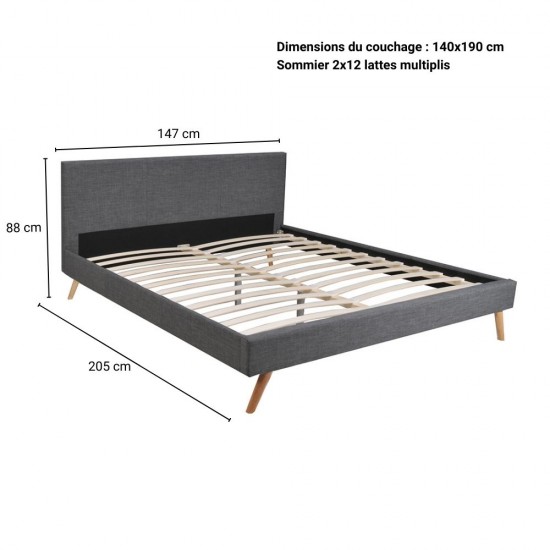 Weber Industries Lit FJORD 140x190 Tissu + 1 Sommier / Gris Foncé