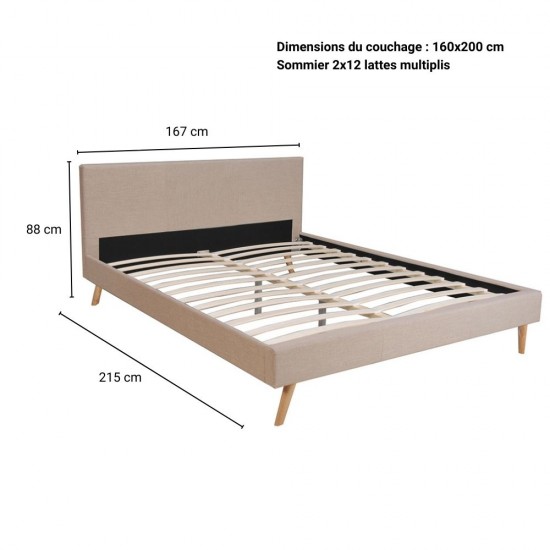Weber Industries Lit FJORD 160x200 + 1 Sommier / Tissu Beige