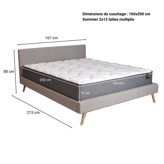 Weber Industries Lit FJORD 160x200 Tissu + 1 Sommier + 1 Matelas CARLTON / Gris Clair