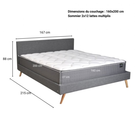 Weber Industries Lit FJORD 160x200 Tissu + 1 Sommier + 1 Matelas CARLTON / Gris Foncé