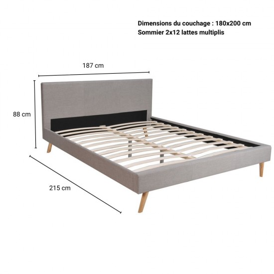 Weber Industries Lit FJORD 180x200 + 1 Sommier / Tissu Gris Clair