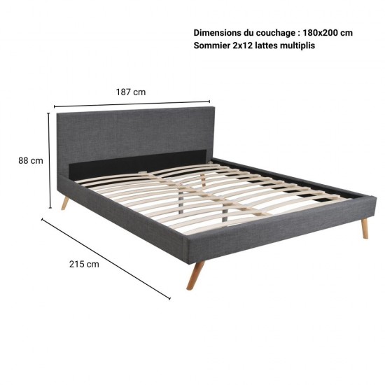 Weber Industries Lit FJORD 180x200 + 1 Sommier / Tissu Gris Foncé