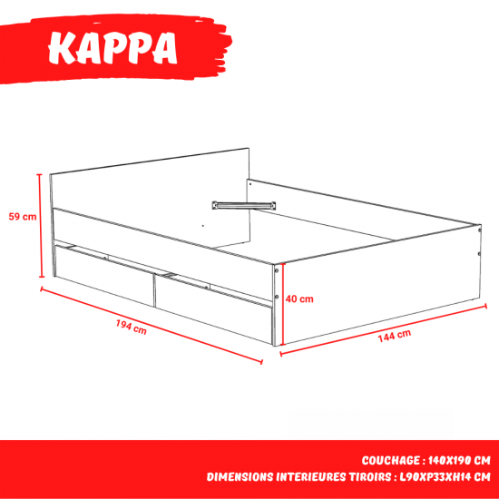 Weber Industries Lit KAPPA 140x190 Cm + 2 Tiroirs / Blanc