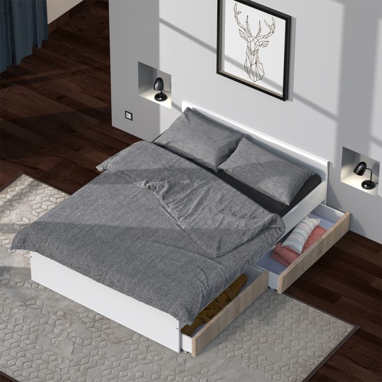 Weber Industries Lit KAPPA 140x190 Cm + 2 Tiroirs / Décor Chêne Blanchi Et Blanc