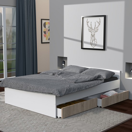 weber industries Lit KAPPA 140x190 cm + 2 tiroirs / Décor Chêne Blanchi et Blanc