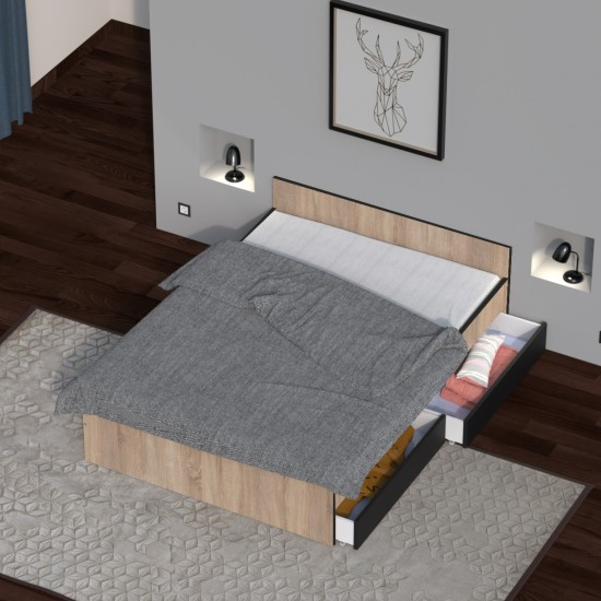 Weber Industries Lit KAPPA 140x190 Cm + 2 Tiroirs / Décor Chêne Blanchi Et Noir