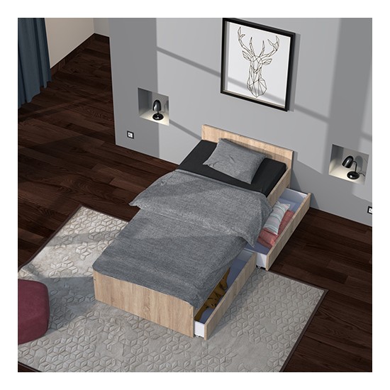 Weber Industries Lit KAPPA 90x190 + 2 Tiroirs / Décor Chêne Blanchi