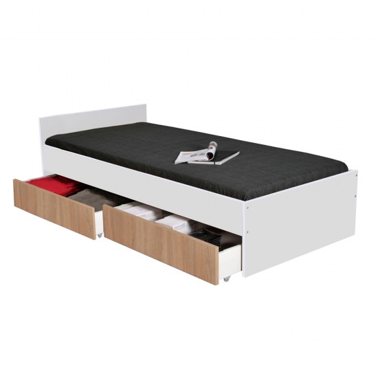 Weber Industries Lit KAPPA 90x190 + 2 Tiroirs / Décor Chêne Blanchi Et Blanc
